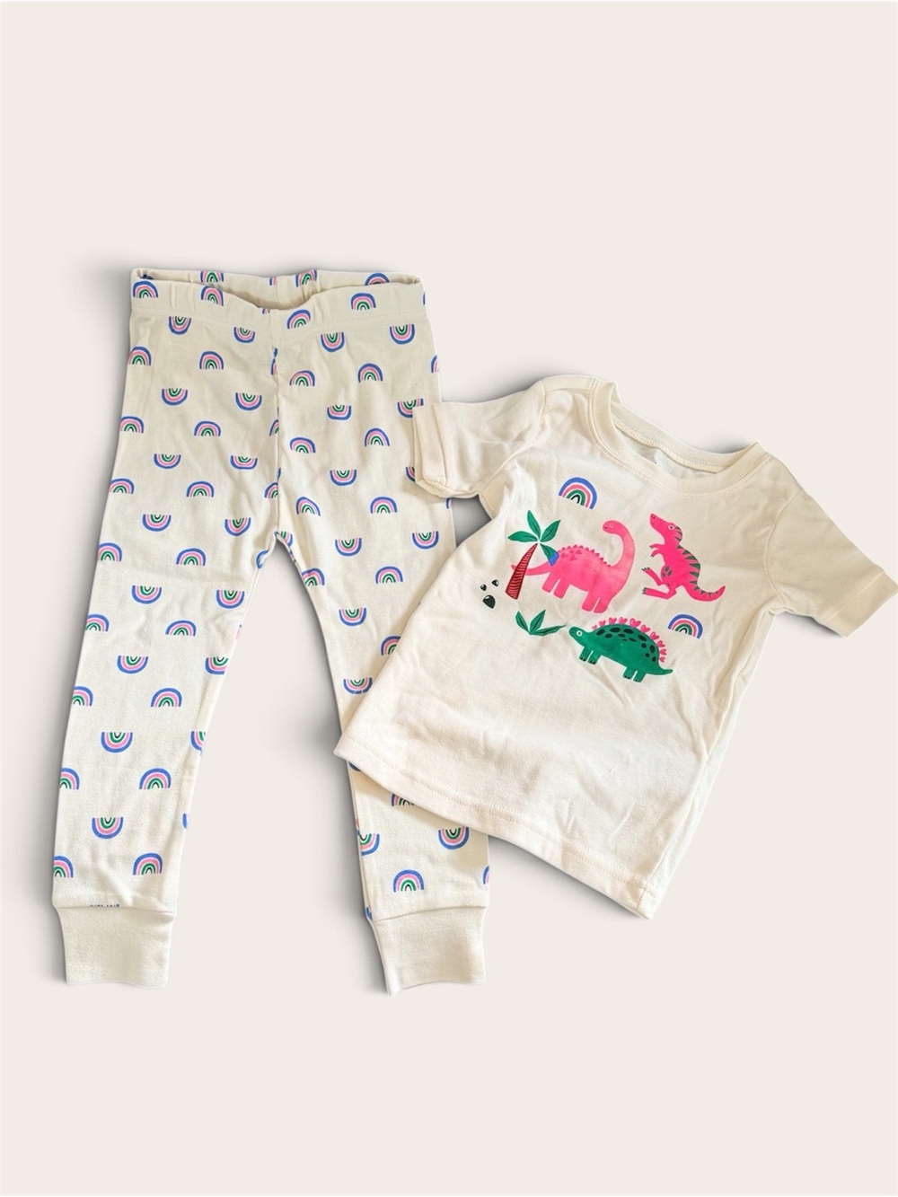 Old Navy Cream Pajama Set 2T with Rainbow Pants and Pink/Green Dinosaur Tee